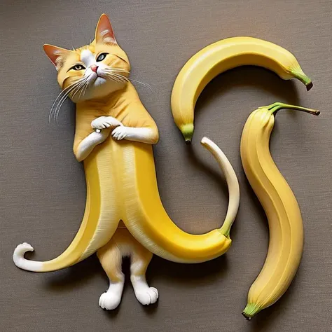 Cat banana, cat body made of banana, banana cat, perfect composition, masterpiece, best quality, [:cinematic lighting:.35]
