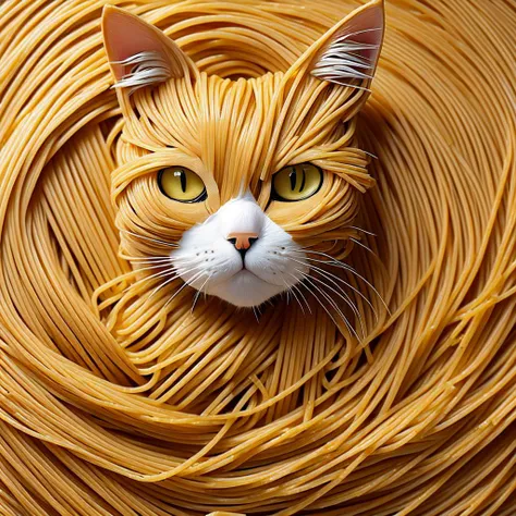 Cat made of spaghetti, spaghetti body of cat form, spaghetti cat body, cat spaghetti composition, perfect composition, masterpiece, elegant, expressive, artistic, intricate, detailed, best quality, [:cinematic lighting:.35]