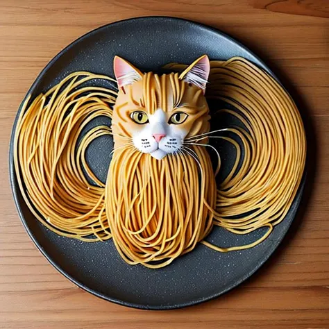 Cat made of fresh spaghetti, hot fresh spaghetti body of cat form, spaghetti head, carbonara sauce, perfect composition, masterpiece, best quality, [:cinematic lighting:.35]