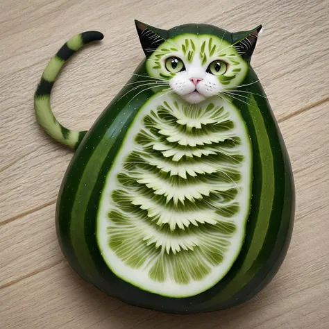 Cat made of cucumber, cucumber body of cat form, cucumber cat body, cat cucumber composition, perfect composition, masterpiece, elegant, expressive, artistic, intricate, detailed, best quality, [:cinematic lighting:.35]