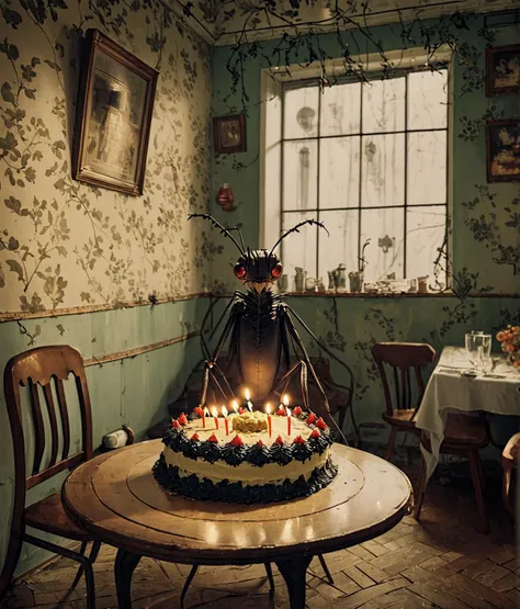 an analog photo of an evil looking anthropomorphic ant-like creature in a room with birthday cake on the table, insectoid, eerie nostalgic well decorated soviet interior, post apocalyptic, creepy ambiance, Lovecraftian atmosphere, Professional, masterpiece, commissioned, best quality