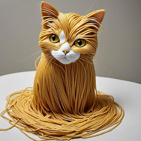 Cat made of spaghetti, spaghetti body of cat form, spaghetti cat body, cat spaghetti composition, perfect composition, masterpiece, elegant, expressive, artistic, intricate, detailed, best quality, [:cinematic lighting:.35]