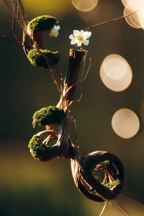 floating overgrown (knotted wood, wood bark:1.2), (moss:1.2), (tiny bonsai:1.4), (tiny flowers:1.4), (plants:1.2), (blooming buds:1.4), (leaves:1.0), (branches:1.4), (roots:1.2), dew drops, (butterflies:1.0), intricate, detailed, masterpiece, professional, (outdoors, sunshine:1.4), sharp focus, bokeh, particles, dust, spring colors, contour lighting, rim lighting, two tone lighting, CinemaHelper to8contrast style