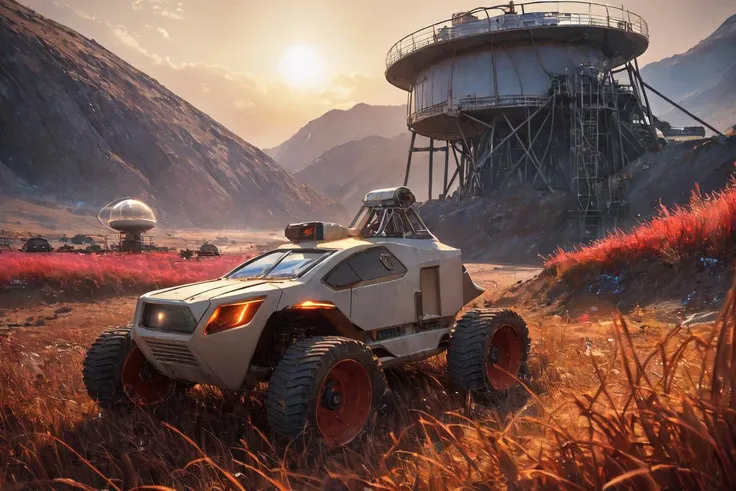 analog photo a (anomaly:1.5),(futuristic miner rover drive on grass:1.2) on alien planet future,landscape (blueberry,red grass on foreground:1.5),futuristic white capsule house ,sunday sunrays,alien plants and flowers background,((best quality)), ((masterpiece)), ((ultra realistic)), ((dark theme style)), professional intricately detailed award winning photo, soft edge lighting, highly detailed, soft volumetric lighting, lens flares, dusty atmospheric haze, high quality textures of materials, volumetric textures, coating textures, metal textures ,detailed textures, photography, detailed photography,photoshadow, realistic, detailed, balanced, by Trey Ratcliff, Klaus Herrmann, Serge Ramelli, Jimmy McIntyre, Elia Locardi