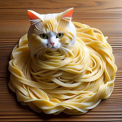 Cat made of fresh noodles, hot fresh noodles body of cat form, cat body, perfect composition, masterpiece, best quality, [:cinematic lighting:.35]