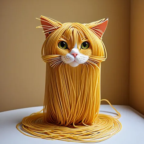 Cat made of spaghetti, spaghetti body of cat form, spaghetti cat body, cat spaghetti composition, perfect composition, masterpiece, best quality, [:cinematic lighting:.35]
