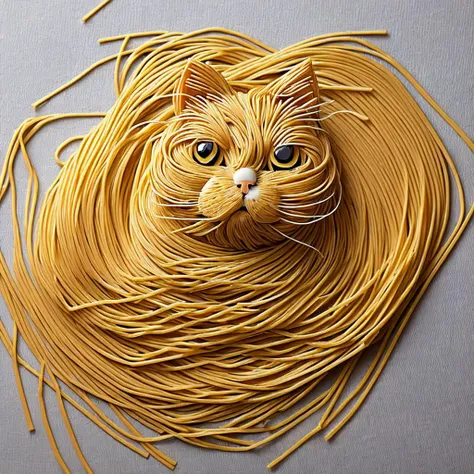 Cat made of spaghetti, spaghetti body of cat form, spaghetti cat body, cat spaghetti composition, perfect composition, masterpiece, elegant, expressive, artistic, intricate, detailed, best quality, [:cinematic lighting:.35]