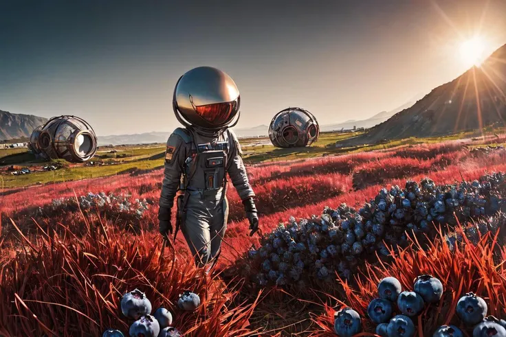 analog photo a (anomaly:1.5),(male walking on grass:1.2) on alien planet future,landscape (blueberry,red grass on foreground:1.5),futuristic white capsule house ,sunday sunrays,alien plants and flowers background,((best quality)), ((masterpiece)), ((ultra realistic)), ((dark theme style)), professional intricately detailed award winning photo, soft edge lighting, highly detailed, soft volumetric lighting, lens flares, dusty atmospheric haze, high quality textures of materials, volumetric textures, coating textures, metal textures ,detailed textures, photography, detailed photography,photoshadow, realistic, detailed, balanced, by Trey Ratcliff, Klaus Herrmann, Serge Ramelli, Jimmy McIntyre, Elia Locardi