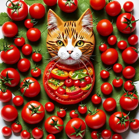 Cat made of tomato , tomato body of cat form, tomato cat body, cat tomato composition, perfect composition, masterpiece, elegant, expressive, artistic, intricate, detailed, best quality, [:cinematic lighting:.35]