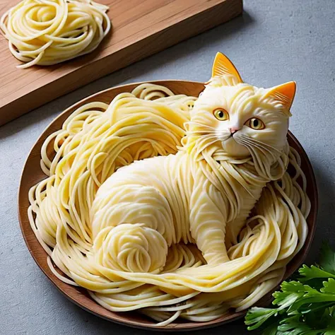 Cat made of fresh noodles, hot fresh noodles body of cat form, noodle cat, perfect composition, masterpiece, best quality, [:cinematic lighting:.35]
