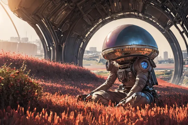 analog photo a (anomaly:1.5),(male sitting on grass:1.2) on alien planet future,landscape (blueberry,red grass on foreground:1.5),futuristic white capsule house ,sunday sunrays,alien plants and flowers background,((best quality)), ((masterpiece)), ((ultra realistic)), ((dark theme style)), professional intricately detailed award winning photo, soft edge lighting, highly detailed, soft volumetric lighting, lens flares, dusty atmospheric haze, high quality textures of materials, volumetric textures, coating textures, metal textures ,detailed textures, photography, detailed photography,photoshadow, realistic, detailed, balanced, by Trey Ratcliff, Klaus Herrmann, Serge Ramelli, Jimmy McIntyre, Elia Locardi