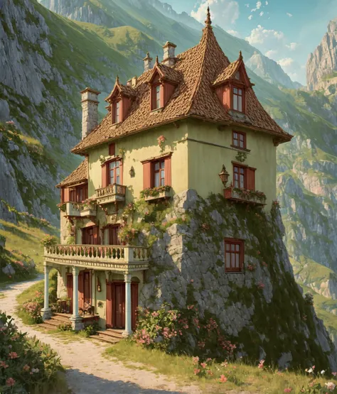 [an artistic rendering:a photograph of:.35] of an old house on a hill, colorful fantasy house, fantasy building, [illustration, concept art for movie, silvain sarrailh, painterly, pascal blanche:cinematic lighting, photorealistic:.35], best quality, majestic, professional, perfect composition