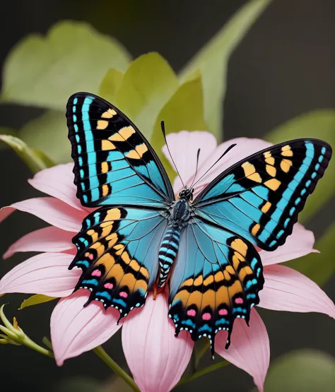 a butterfly is sitting on a pink flower, butterfly, shot on canon eos r 5, beautiful opened wings, pexels, on a dark background, CHV3SMacro