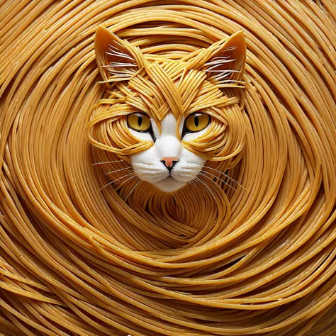 Cat made of spaghetti, spaghetti body of cat form, spaghetti cat body, cat spaghetti composition, perfect composition, masterpiece, elegant, expressive, artistic, intricate, detailed, best quality, [:cinematic lighting:.35]
