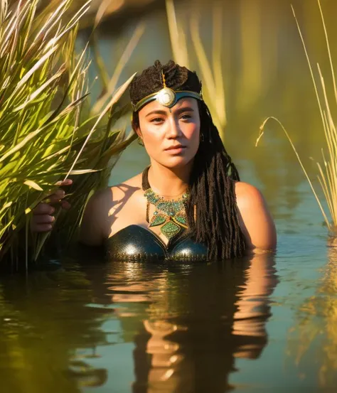 classicnegative photo, CHV3CBarb, close up portrait of a cute barbarian woman bathing in a river, reeds, (backlighting), realistic, masterpiece, highest quality, lens flare, shade, bloom, chromatic aberration