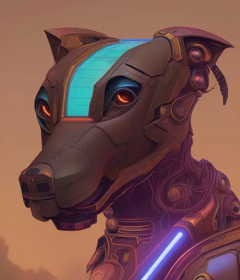Low angle portrait shot of a cyberpunk robot dog, intricate, elegant, highly detailed, centered, digital painting, artstation, concept art, smooth, sharp focus, illustration, artgerm, tomasz alen kopera, peter mohrbacher, donato giancola, joseph christian leyendecker, wlop, boris vallejo, Professional, masterpiece, commissioned