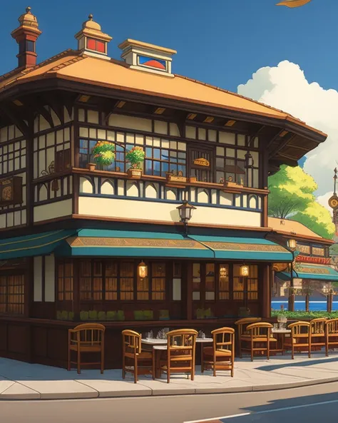 Restaurant in studio ghibli style, Professional, masterpiece, commissioned, best quality, Color Corrected, fixed in post, CHV3SWorld