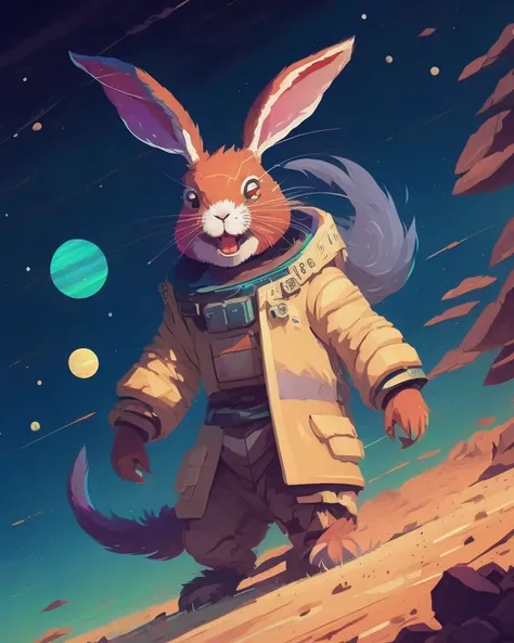 Photo of a rabbit monster in the space, style of laurie greasley, studio ghibli, akira toriyama, james gilleard, genshin impact, trending pixiv fanbox, acrylic palette knife, 4k, vibrant colors, devinart, trending on artstation, low details, Professional, masterpiece, commissioned, best quality, Color Corrected, fixed in post