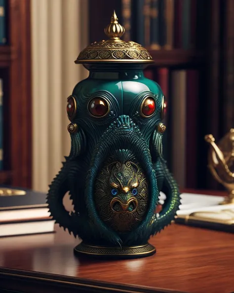 Small realistic lovecraftian horror monster alien creature by guillermo del toro, eldritch monster trapped in a fancy ornate jar siting on a rich man's desk, cinematic horror, Professional, masterpiece, commissioned, best quality, Color Corrected, fixed in post