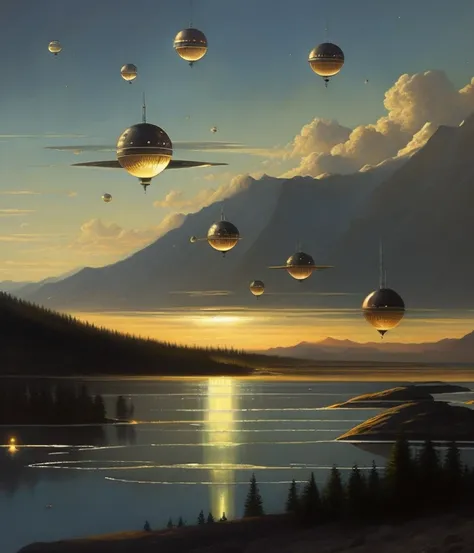 painting by thomas brom of a group of gaint disco ball spaceships shimmering in the night by a choppy lake, waves, a supersonic irrigation system invented in the woodmarked plain, Professional, masterpiece, commissioned, best quality, CHV3SDark