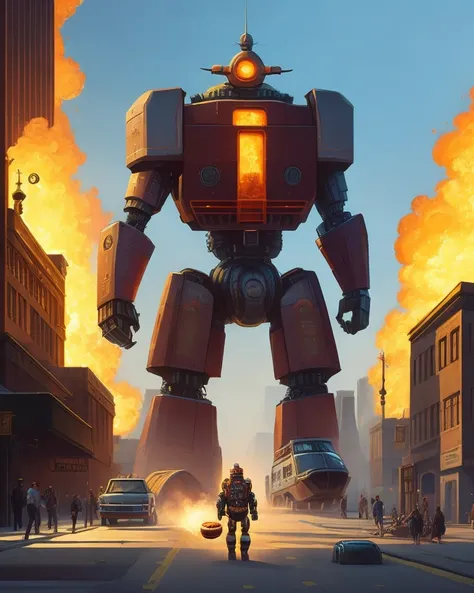 Giant robot walking down a street while eating a massive glazed donut almost as big as the robot, one of the buildings is on fire and smoking and a crushed car is under the foot of the giant robot by richard corben, Professional, masterpiece, commissioned, best quality, Color Corrected, fixed in post