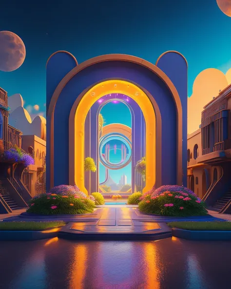 3d stylized game building, An 8k resolution matte painting of a ghetto in futuristic heaven with vibrant flowers and a magical space gate made of gold, by greg rutkowski and beeple. neon, Professional, masterpiece, commissioned, best quality, Color Corrected, fixed in post