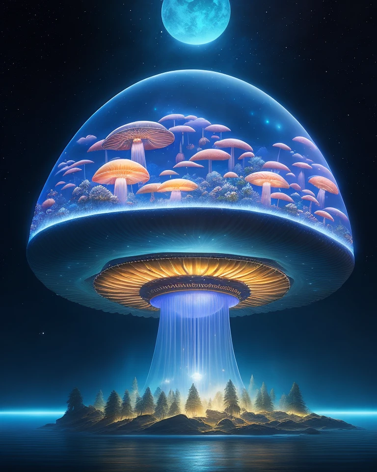 The mushroom world is my home. a realistic detail of a virtual glowing bioluminescent mushroom mega cities inside a floating jellyfish in the dark sea, metropolis in the dark at night is like a spiritual journey through a mushroom forest, cosmic, heavenly, god rays, ornate detail, cinematic, Professional, masterpiece, commissioned, best quality, Color Corrected, fixed in post, CHV3SSciFi, CHV3SUrban, CHV3SWorld, CHV3SMacro, CHV3SDark