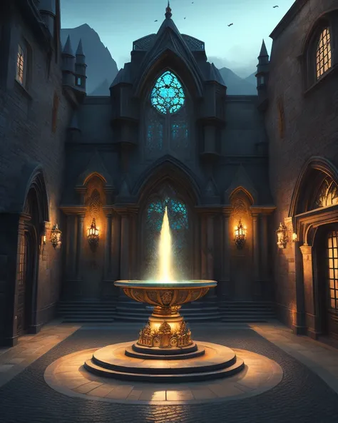 An arcane academy with a fountain in front, dark ages. Professional, masterpiece, commissioned, best quality, Color Corrected, fixed in post