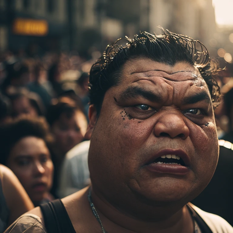a movie still, bright photo, 4k, creepy portrait of a fat angry manl in a crowded street, textures, detailed fabric, soft light, great lighting, intricate details, beautiful light, bokeh, people in the background