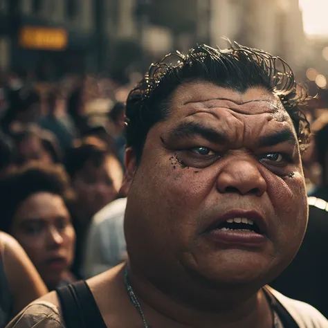 a movie still, bright photo, 4k, creepy portrait of a fat angry manl  in a crowded street,  textures, detailed fabric,  soft light, great lighting,  intricate details, beautiful light, bokeh, people in the background