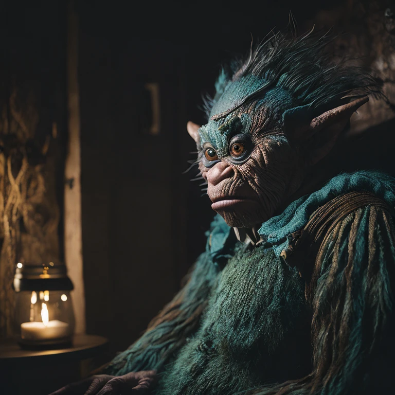 a movie still, bright photo, 4k, creepy portrait of a monster troll in a small room, basement, textures, detailed fabric, soft light, great lighting, intricate details, beautiful light