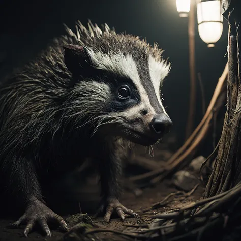 a still, bright photo, 4k, creepy portrait of a monster troll badger in a small room, basement, textures, detailed fabric, soft light, great lighting, intricate details, beautiful light