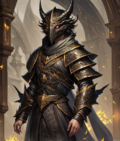 Digital art painting of a black dragonborn wearing armored wizard robes, [:highly detailed symmetrical dragon helmet and mask, highly detailed eyes, ornate dragon scale armor:.15], [dnd portrait painted by craig mullins and gaston bussiere and greg rutkowski:photorealistic, cinematic lighting:.30]