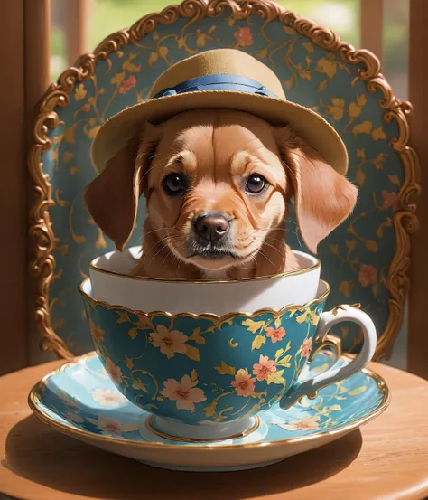 "puppy wearing a small hat inside of a teacup, ultra detailed, volumetric lighting, CGSociety, Studio Ghibli, by Makoto Shinkai, Deep Color, Intricate, 8k resolution concept art, Natural Lighting, Beautiful Composition"