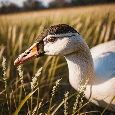goose in a field, close up, professional analog photo, 40mm, bokeh