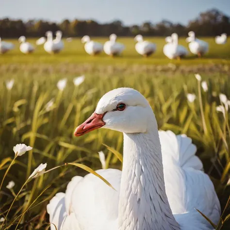 white goose in a field, close up, professional analog photo, 40mm, bokeh