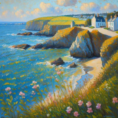 The shores of Brittany in spring, hyper detailed, masterpiece, (impressionist gouache oil on canvas painting:1.25), hyper detailed, best quality, high resolution, 8k