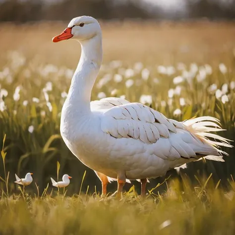 white goose, long pointy beak, in a field, professional analog photo, 40mm, bokeh