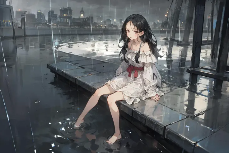best quality,masterpiece,1girl,moodyÂ  lighting,full body,off shoulder,floating,looking at viewer,<lora:style_ASK:0.7>,water,mature female,long hair,outdoors,<lora:æ°´å½©å¤§å¸V1å¾çº¿è²åä¸°å¯æé¨è²å½©_watercolor_v1:0.7>,summer_dress,sitting,soaking feet,wet clothes,rain,