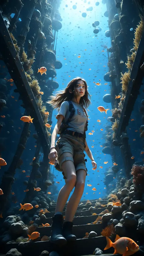 2girl,brown eyes,long hair,looking from above,the space,afloat,moons,Running position,Wide-angle lens distortion,BJ_debris,scenery,fish,stairs,underwater,Photographic,3D Model,Cinematic,(masterpiece:1.4),Rebellious girl,NVDI,building,A high resolution,ultra - detailed,<lora:Blue_butterfly_SDXL1.0:0.5>,<lora:Fallen_angel_SDXL1.0:0.7>,<lora:SDXL_debris:0.5>,<lora:Pure_Realistic_SDXL:0.3>,