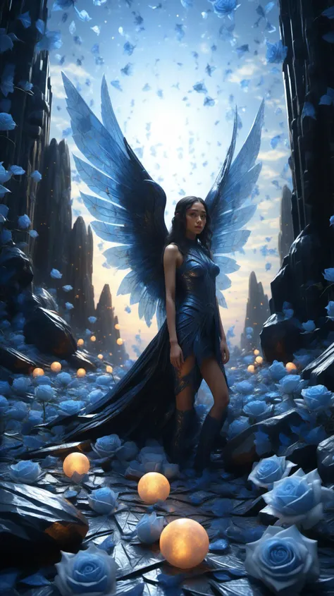 arien_angel,full body,dynamic posture,CG character design,gorgeous speed painting,4k concept dark art created by alyssa monks. uhd perspective shooting,ophanim angels,amazing wings,blue rose patterned surface details,soft blue light,orton effect,the background of the whole painting is a translucent dark totem to give a sense of fear,BJ_Alien_garbage,
BJ_debris,outdoors,sky,cloud,star_\(sky\),starry_sky,sunset,rock,sun,<lora:SDXL_debris:0.5>,<lora:Blue_butterfly_SDXL1.0:0.7>,