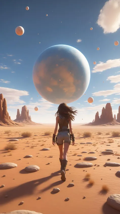 2girl,full body,brown eyes,long hair,looking from above,the space,afloat,moons,Running position,Wide-angle lens distortion,BJ_debris,outdoors,sky,day,cloud,blue_sky,no_humans,scenery,sunset,desert,Photographic,3D Model,Cinematic,(masterpiece:1.4),Rebellious girl,NVDI,building,A high resolution,ultra - detailed,<lora:SDXL_debris:0.5>,