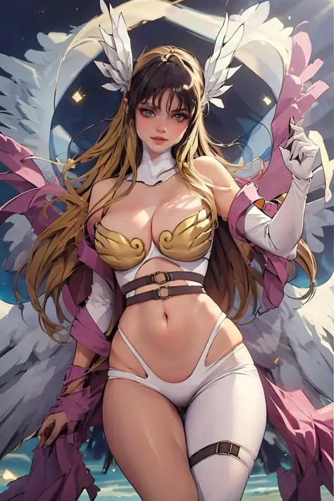 Qian Renxue, Young woman, goddess, six wings, Golden wings, long hair, golden hair, purple eyes, big breasts, stand, Perfect Body, Beautiful thighs, realistically