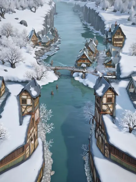 a small town covered in snow next to a river d&d art, fantasy, painted, 4k, high detail, sharp focus