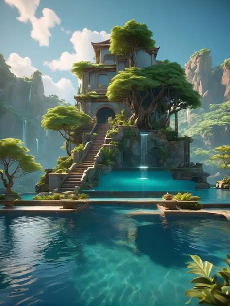 cinematic scenery of fantasy pool, high quality, very coherent, trending on artstation