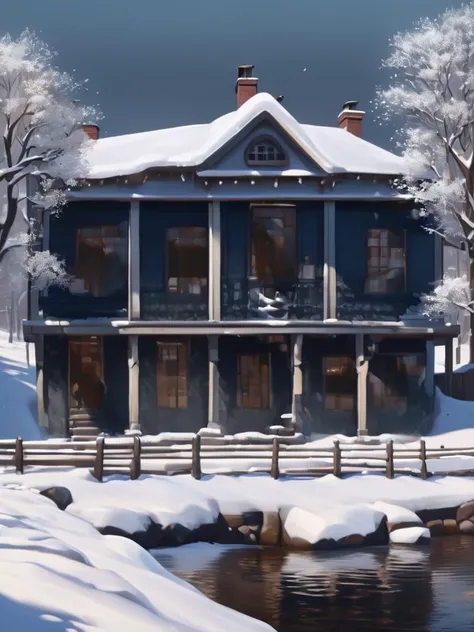a small town covered in snow next to a river highly detailed, cinematic, hyperrealistic, cgsociety, artstation, 8 k, oil painting by greg rutkowski, by artgerm, by wlop