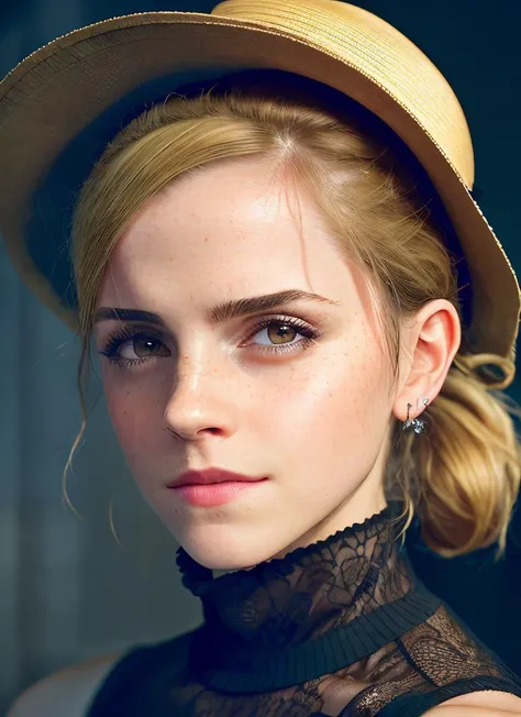 portrait of skswoman, anger , wearing sun hat and sweater , with dirty blonde Ponytail, background The Tower of Shadows, epic (photo, studio lighting, hard light, sony a7, 50 mm, matte skin, pores, colors, hyperdetailed, hyperrealistic), <lyco:Emma Watson:1.1>