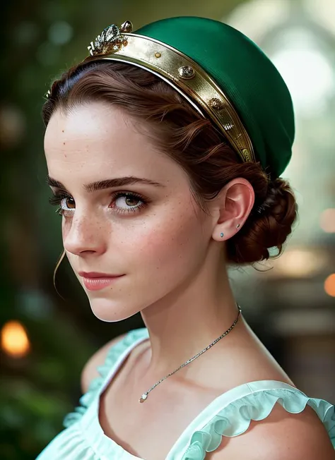 portrait of skswoman, optimistic , wearing skullcap and maternity wear , with chestnut Updo, background Fairyland: A place where fairies and other magical creatures live, epic (photo, studio lighting, hard light, sony a7, 50 mm, matte skin, pores, colors, hyperdetailed, hyperrealistic), <lyco:Emma Watson:1.1>