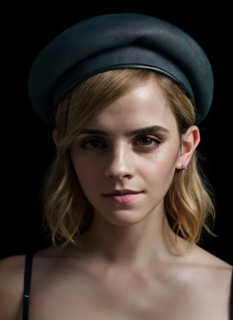 portrait of skswoman, flustered , wearing beret and organza , with ash blonde Choppy layers, background The Valley of the Damned, epic (photo, studio lighting, hard light, sony a7, 50 mm, matte skin, pores, colors, hyperdetailed, hyperrealistic), <lyco:Emma Watson:1.1>