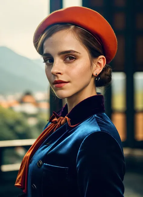 portrait of skswoman, ecstatic , wearing beret and velvet , with orange Updo, background Shambhala: A hidden paradise where enlightened beings live in perfect harmony, epic (photo, studio lighting, hard light, sony a7, 50 mm, matte skin, pores, colors, hyperdetailed, hyperrealistic), <lyco:Emma Watson:1.1>